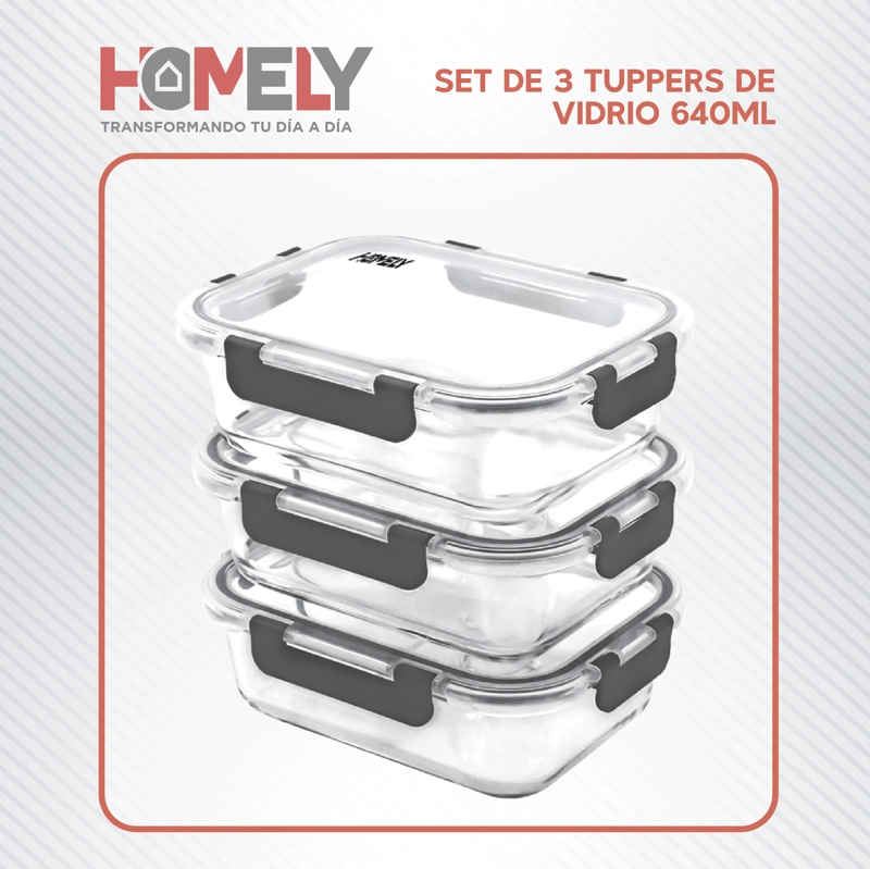 TUPPER FRASCO VIDRIO 640 ML TEMPLADO HERMETICO SET X3 HOMELY - 9