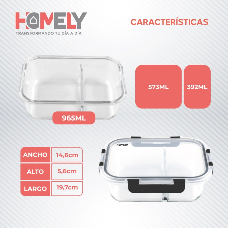 TUPPER FRASCO VIDRIO CON DIVISIONES 965 ML TEMPLADO HOMELY - 2