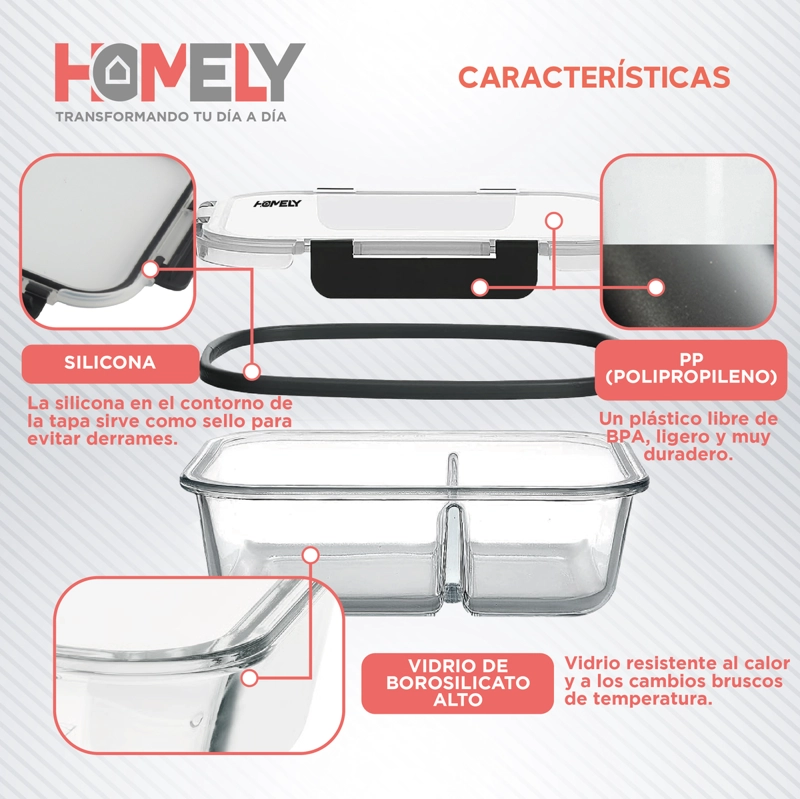 TUPPER FRASCO VIDRIO CON DIVISIONES 965 ML TEMPLADO HOMELY - 3