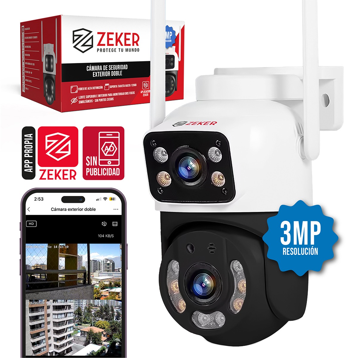 CAMARA DE SEGURIDAD 2.4G ZEKER DOBLE 6MP EXTERIOR IMPERMEABL - 1