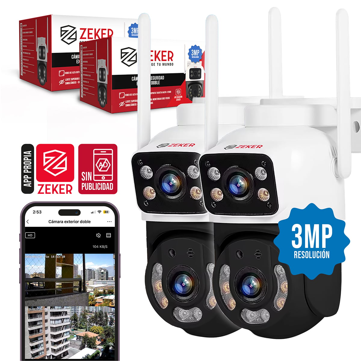 PACK X2 CAMARA DE SEGURIDAD 2.4G ZEKER DOBLE 3MP IMPERMEABLE - 1