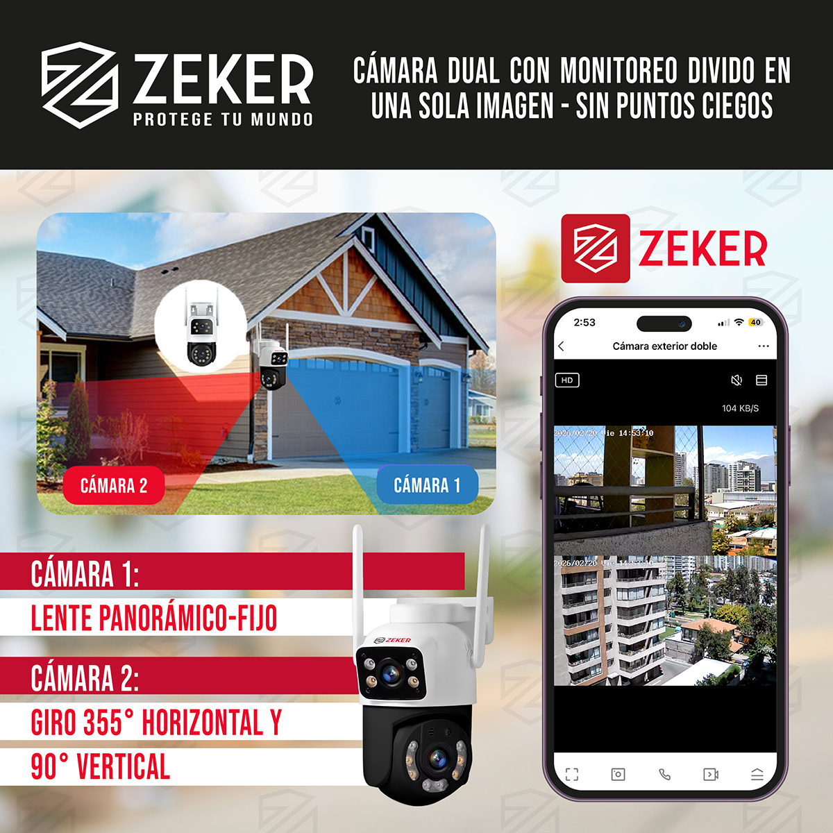 PACK X2 CAMARA DE SEGURIDAD 2.4G ZEKER DOBLE 3MP IMPERMEABLE - 3