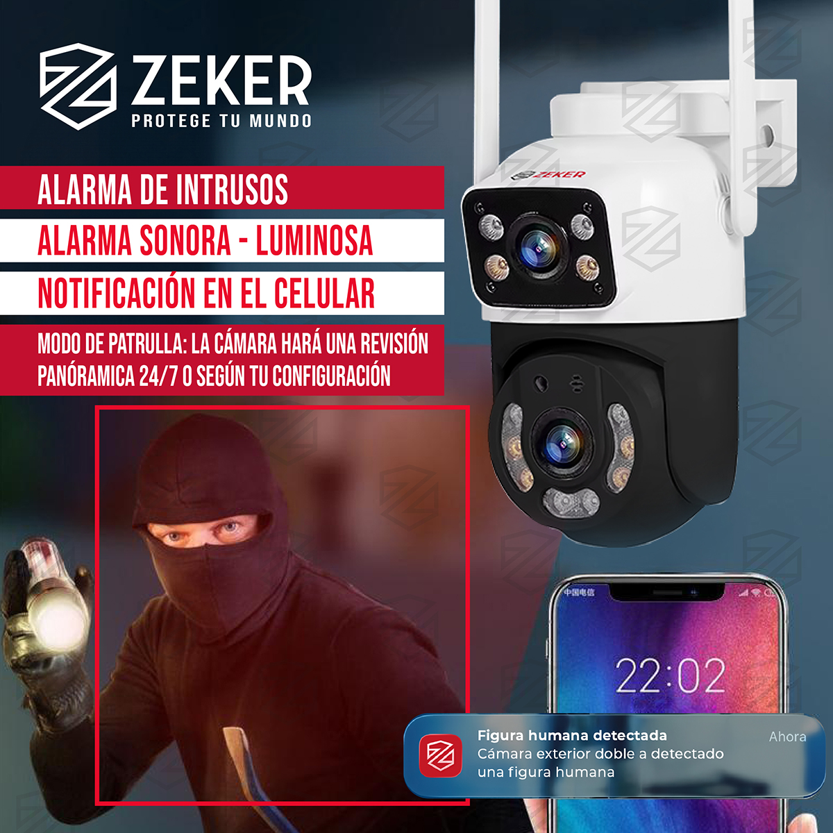 PACK X2 CAMARA DE SEGURIDAD 2.4G ZEKER DOBLE 3MP IMPERMEABLE - 8