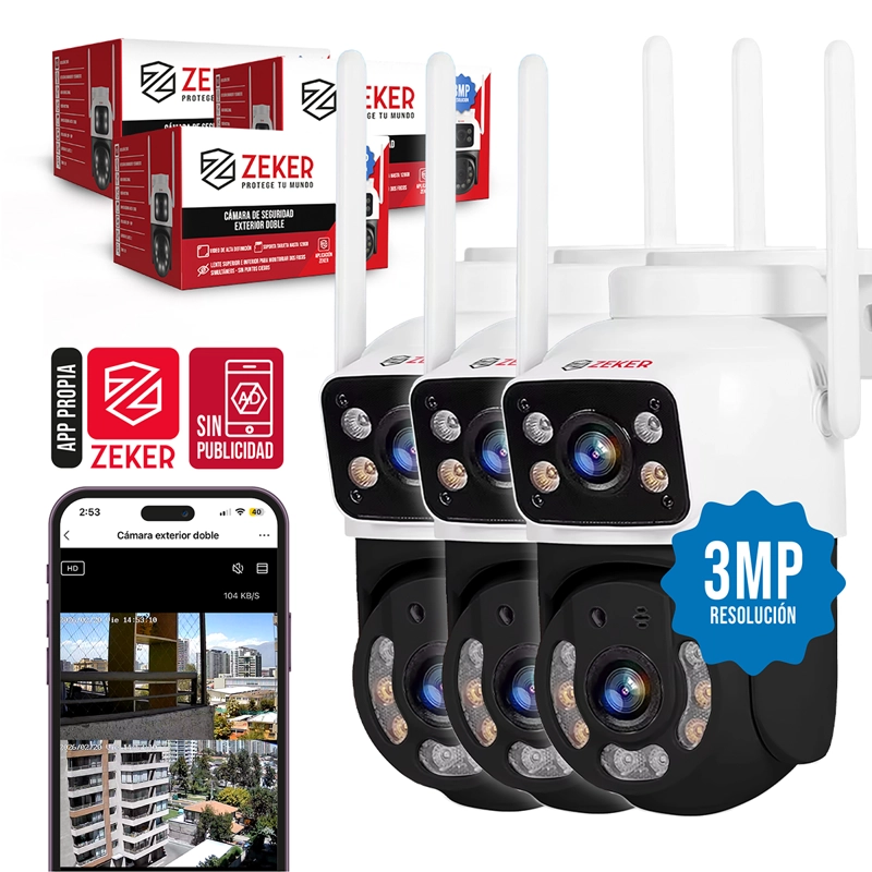 PACK X3 CAMARA DE SEGURIDAD 2.4G ZEKER DOBLE 6MP IMPERMEABLE - 1