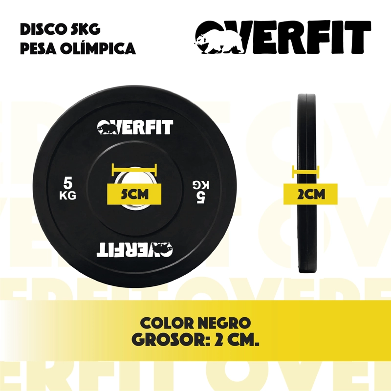 DISCO PESA OLIMPICA GOMA OVERFIT 5KG ANTIDESLIZANTE - 2