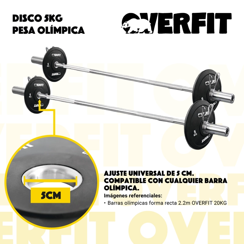 DISCO PESA OLIMPICA GOMA OVERFIT 5KG ANTIDESLIZANTE - 5