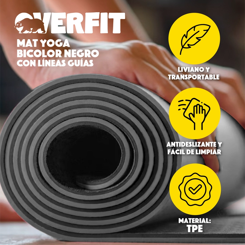 MAT YOGA TPE OVERFIT 183X61CM 8MM BICOLOR NEGRO LINEAS - 3
