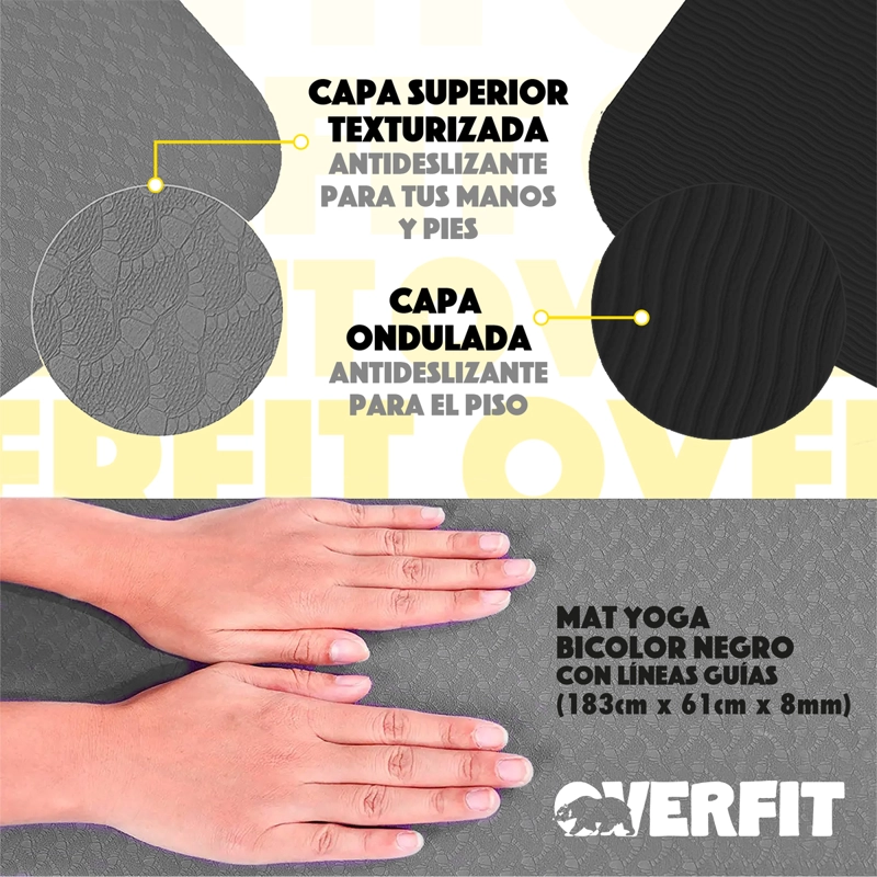 MAT YOGA TPE OVERFIT 183X61CM 8MM BICOLOR NEGRO LINEAS - 6