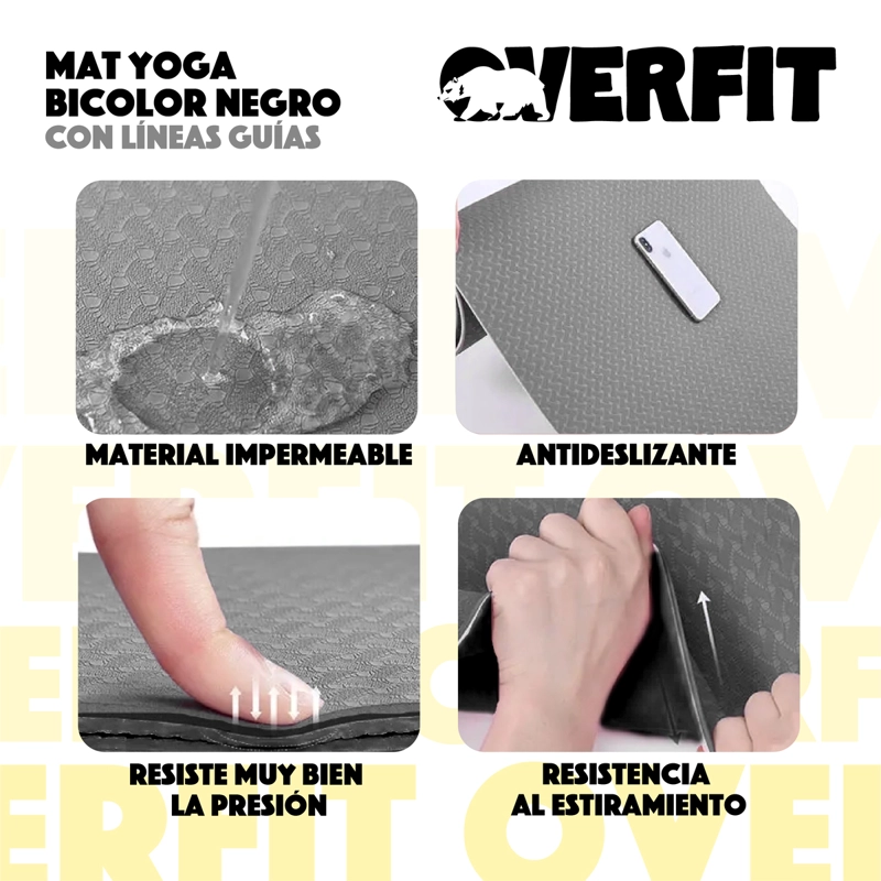 MAT YOGA TPE OVERFIT 183X61CM 8MM BICOLOR NEGRO LINEAS - 7