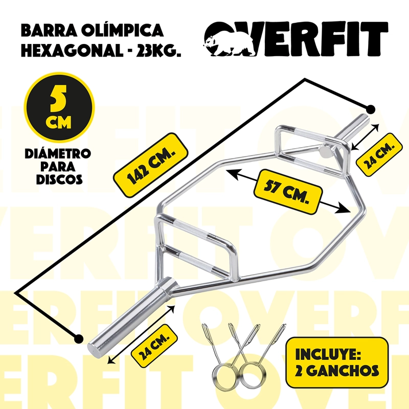 BARRA OLIMPICA HEXAGONAL 23KG OVERFIT ACERO PESO MUERTO - 2