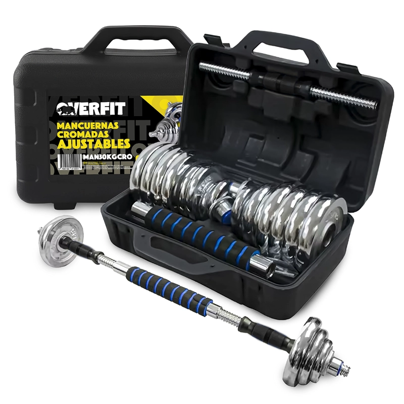 MANCUERNAS CROMADAS 30KG AJUSTABLES + BARRA UNIBLES OVERFIT - 1