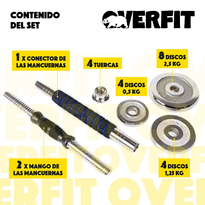 MANCUERNAS CROMADAS 30KG AJUSTABLES + BARRA UNIBLES OVERFIT - 2