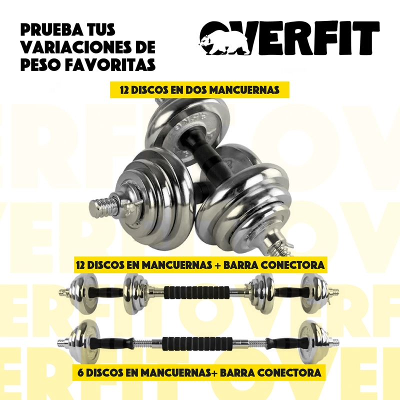 MANCUERNAS CROMADAS 30KG AJUSTABLES + BARRA UNIBLES OVERFIT - 4