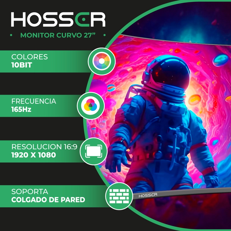 MONITOR GAMER CURVO 27' HOSSER FHD 165HZ GAMING FREESYNC 1MS - 2