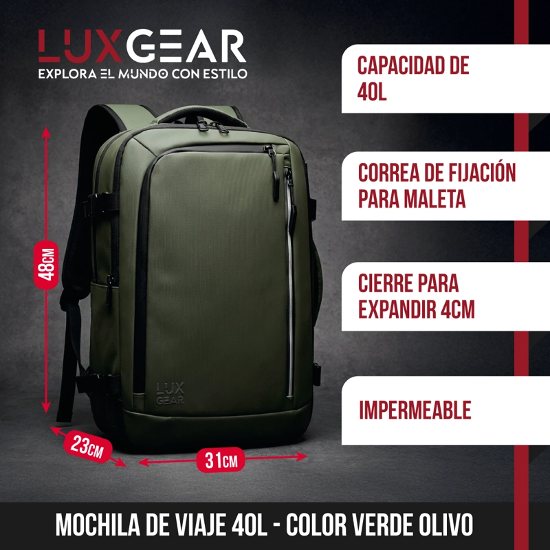 MOCHILA DE VIAJE 900D LUXGEAR CABINA 40 LITROS VERDE OLIVO - 2