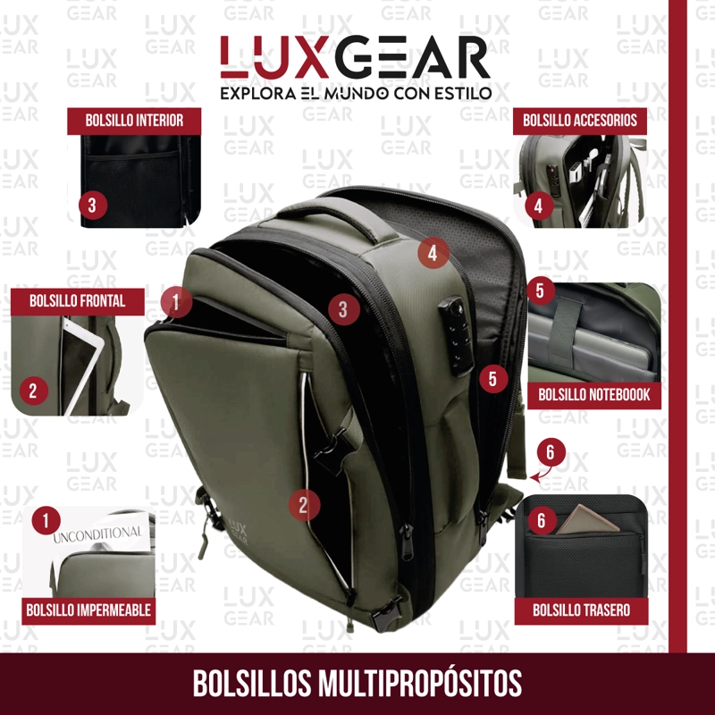 MOCHILA DE VIAJE 900D LUXGEAR CABINA 40 LITROS VERDE OLIVO - 5