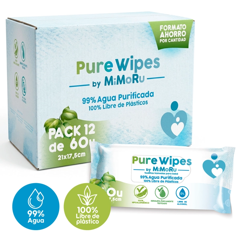 CAJA 12 TOALLITAS HUMEDAS BEBE  MIMORU 99% AGUA 60U C/U SIN ALCOHOL - 1