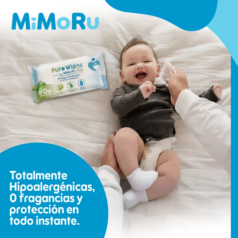CAJA 12 TOALLITAS HUMEDAS BEBE  MIMORU 99% AGUA 60U C/U SIN ALCOHOL - 4