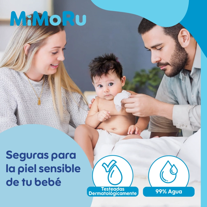 CAJA 12 TOALLITAS HUMEDAS BEBE  MIMORU 99% AGUA 60U C/U SIN ALCOHOL - 9