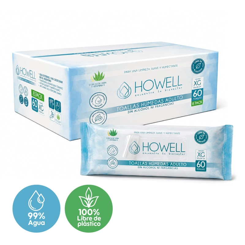 PACK 8 TOALLITAS HUMEDAS ADULTO HOWELL CUIDADO PERSONAL HIGIENE RESISTENTES - 1