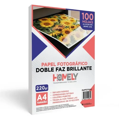 PAPEL FOTOGRAFICO DOBLE FAZ GLOSSY A4 220G HOMELY 100 HOJAS BLANCO - 1