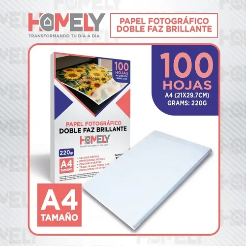 PAPEL FOTOGRAFICO DOBLE FAZ GLOSSY A4 220G HOMELY 100 HOJAS BLANCO - 2