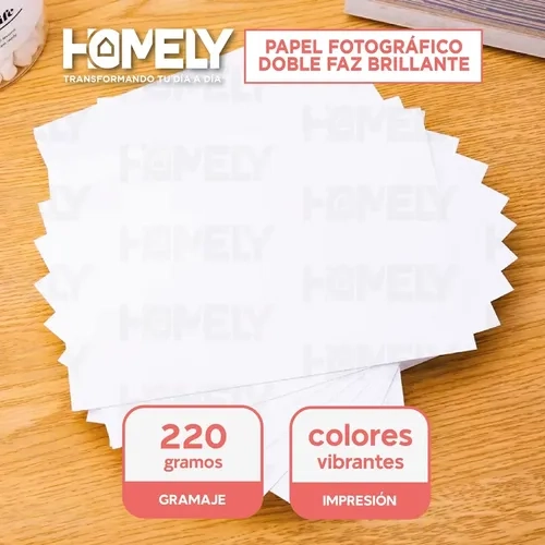 PAPEL FOTOGRAFICO DOBLE FAZ GLOSSY A4 220G HOMELY 100 HOJAS BLANCO - 3