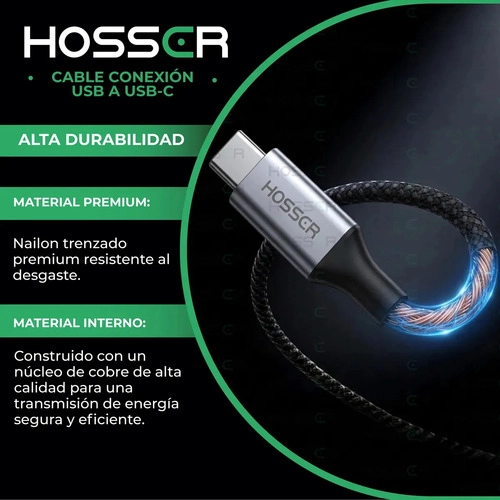 CABLE USB TIPO C TO USB 5 M IPHONE SAMSUNG HOSSER CARGA RAPI NEGRO - 3