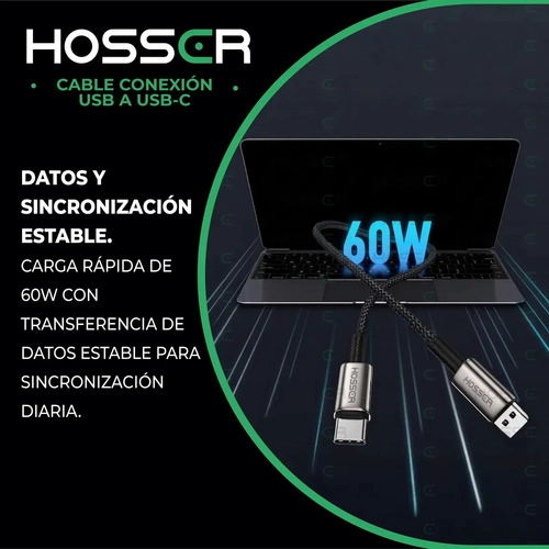 CABLE USB TIPO C TO USB 5 M IPHONE SAMSUNG HOSSER CARGA RAPI NEGRO - 5