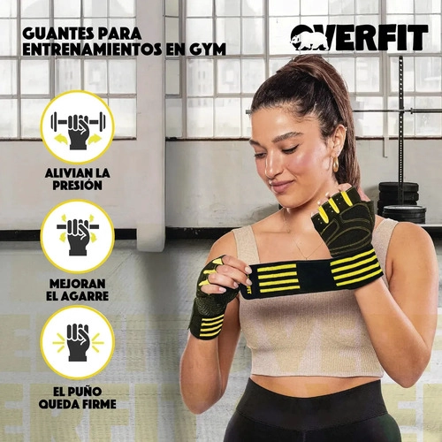 GUANTES GYM DEPORTIVOS OVERFIT TALLA L PESAS FITNESS NEGRO L - 6