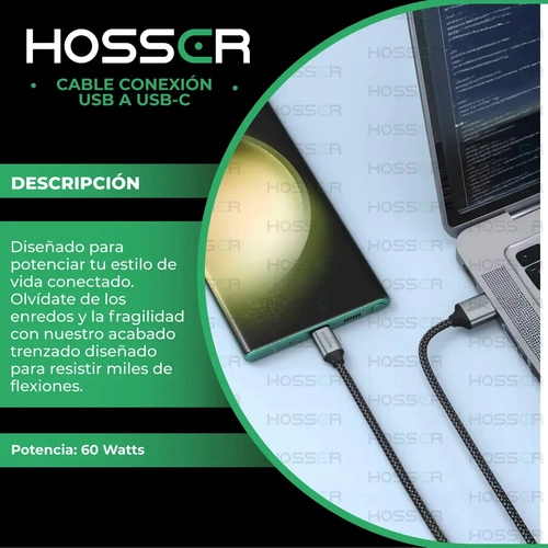 CABLE USB TIPO C TO USB 2 M IPHONE SAMSUNG HOSSER CARGA RAPI NEGRO - 3