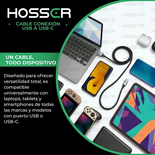 CABLE USB TIPO C TO USB 2 M IPHONE SAMSUNG HOSSER CARGA RAPI NEGRO - 5