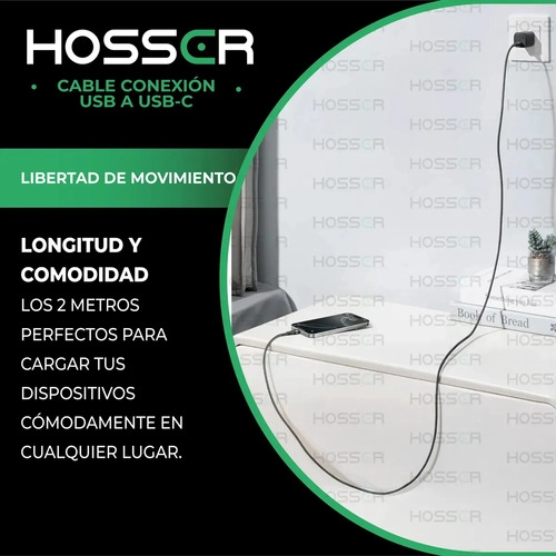 CABLE USB TIPO C TO USB 2 M IPHONE SAMSUNG HOSSER CARGA RAPI NEGRO - 6