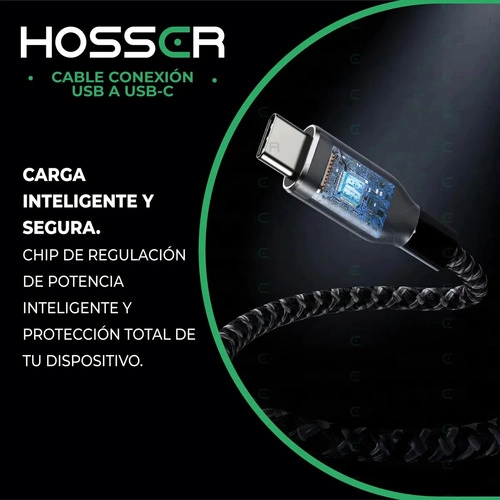 CABLE USB TIPO C TO USB 2 M IPHONE SAMSUNG HOSSER CARGA RAPI NEGRO - 7