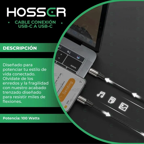 CABLE USB C A C 2 METROS IPHONE SAMSUNG CARGA RAPIDA HOSSER NEGRO - 3
