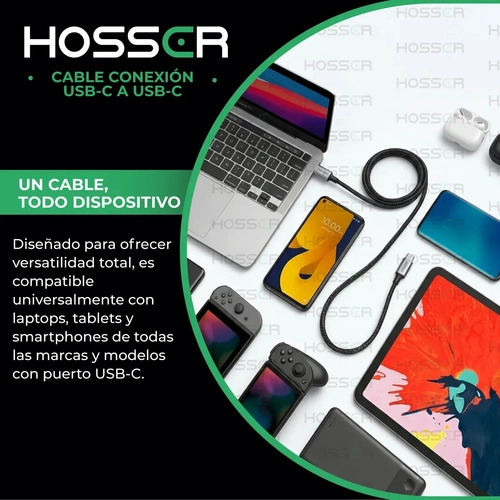 CABLE USB C A C 2 METROS IPHONE SAMSUNG CARGA RAPIDA HOSSER NEGRO - 5