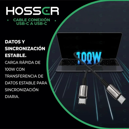 CABLE USB C A C 2 METROS IPHONE SAMSUNG CARGA RAPIDA HOSSER NEGRO - 8