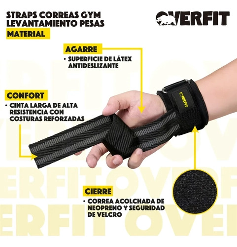 LIFTING STRAPS MUÑEQUERAS OVERFIT GYM CORREAS PARA LEVANTAMIENTOS DE PESAS Y BARRAS NEGRO - 4