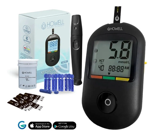KIT GLUCOMETRO HOWELL BG-710B BLUETOOTH +TIRAS+LANCETAS NEGRO - 1