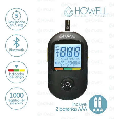 KIT GLUCOMETRO HOWELL BG-710B BLUETOOTH +TIRAS+LANCETAS NEGRO - 3
