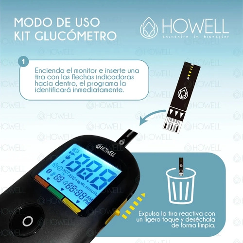 KIT GLUCOMETRO HOWELL BG-710B BLUETOOTH +TIRAS+LANCETAS NEGRO - 4