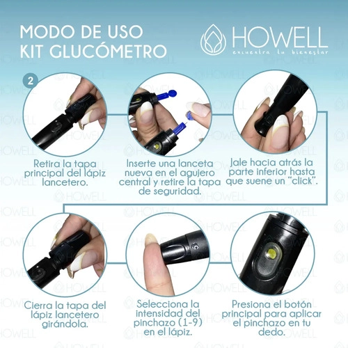 KIT GLUCOMETRO HOWELL BG-710B BLUETOOTH +TIRAS+LANCETAS NEGRO - 5