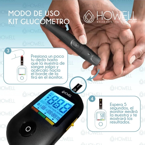 KIT GLUCOMETRO HOWELL BG-710B BLUETOOTH +TIRAS+LANCETAS NEGRO - 6