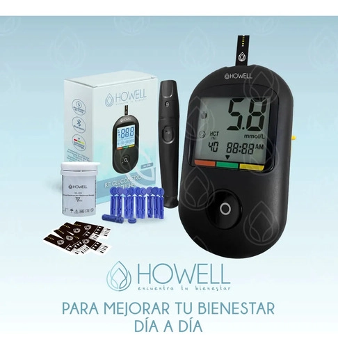 KIT GLUCOMETRO HOWELL BG-710B BLUETOOTH +TIRAS+LANCETAS NEGRO - 9