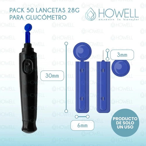 PACK 50 LANCETAS GLUCOMETRO HOWELL 28G DESECHABLES AZUL - 2