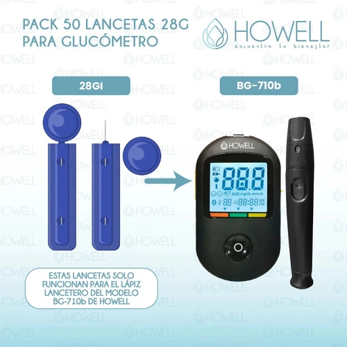 PACK 50 LANCETAS GLUCOMETRO HOWELL 28G DESECHABLES AZUL - 3