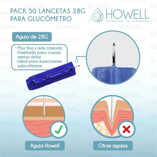 PACK 50 LANCETAS GLUCOMETRO HOWELL 28G DESECHABLES AZUL - 4