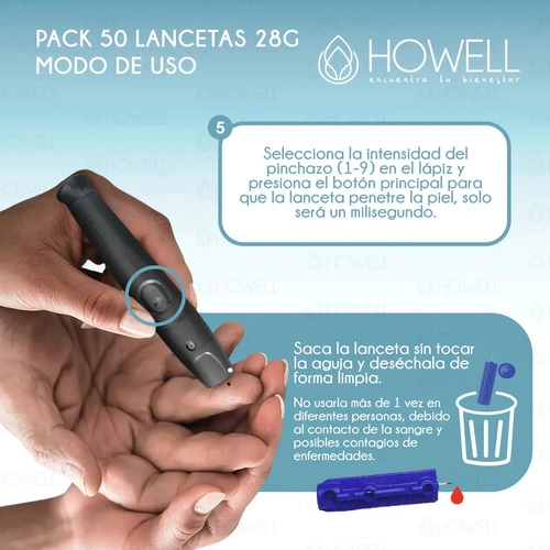 PACK 50 LANCETAS GLUCOMETRO HOWELL 28G DESECHABLES AZUL - 7
