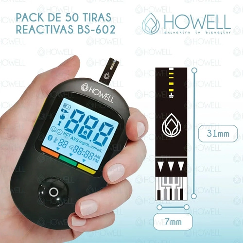 PACK 50 TIRAS REACTIVAS GLUCOSA HOWELL BS-602 PARA GLUCOMETRO BG-710B FRASCO HERMETICO NEGRO - 2