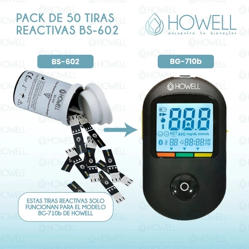 PACK 50 TIRAS REACTIVAS GLUCOSA HOWELL BS-602 PARA GLUCOMETRO BG-710B FRASCO HERMETICO NEGRO - 3